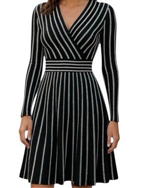 Calvin Klein Black & White Stripe A-Line Surplice Knit Dress Size S